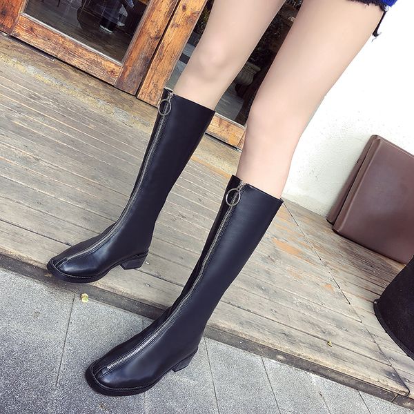 

2019 new front zipper high boots plus velvet keep warm black patent chunky heel riding boots thigh high