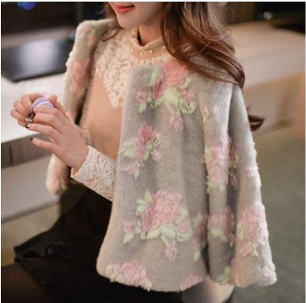

s/6xl womens short section flower print imitation fur jackets winter autumn fur coats large size elegant lady outwears k913, Black