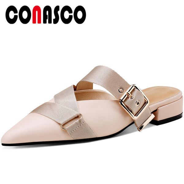 

conasco fashion casual 2020 summer genuine leather women sandals slippers pumps cross-tied buckle strap thick heels shoes woman, Black