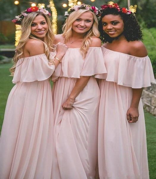 

chiffon long mumu bridesmaid dresses elegant pink off the shoulder beach bohemian maid of honor wedding party plus size bridesmaid gown, Blue;red