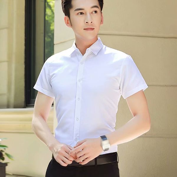

summer shirt men office gentlemen shirt korean style slim solid color short sleeve business wear basic work, White;black