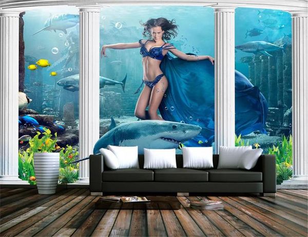 

custom hd silk wallpaper 3d shark dolphin underwater world mermaid coral living room bedroom wall wall paper