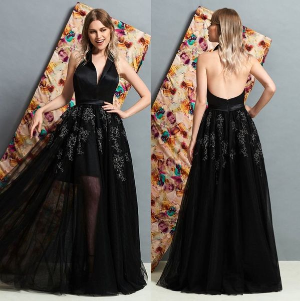 Sedutor Preto Sem Encosto Lace Vestidos de Noite Com Decote Em V Vestido de Baile Frisado Uma Linha Até O Chão Appliqued Tule Vestido Formal