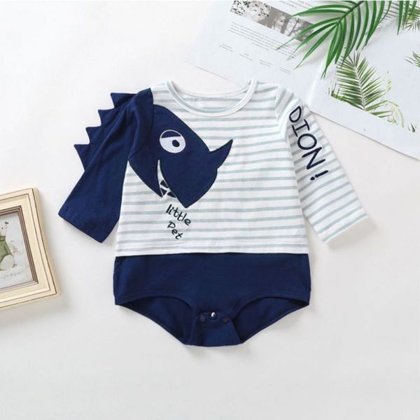 

infant toddler baby kids bodysuit long sleeves cute dinosaur striped jumpsuit, Blue