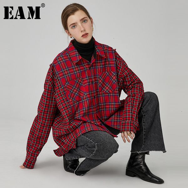 

eam] women red plaid split joint big size blouse new lapel long sleeve loose fit shirt fashion tide spring autumn 2019 1d986, White