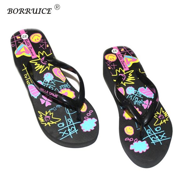 

fashion summer home slippers cartoon graffiti candy color women flip flops soft eva sandals beach shoes, Black