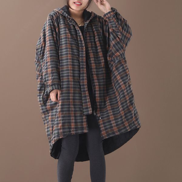 

winter parkas retro women large size loose warm coat 2019 new ladies overcoat hooded zipper plaid casual all-match parkas coat, Black