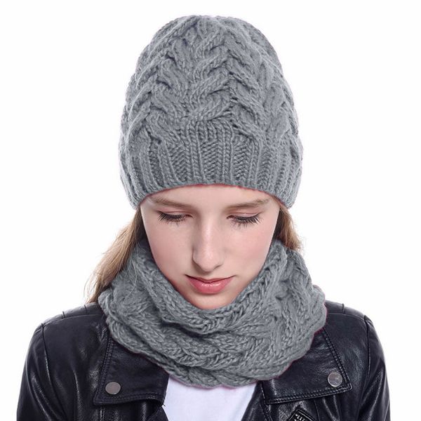 

winter knitted hat scarf set for women thick warm knit beanie caps ring scarves soft casual hemming beanie hat scarf set, Blue;gray