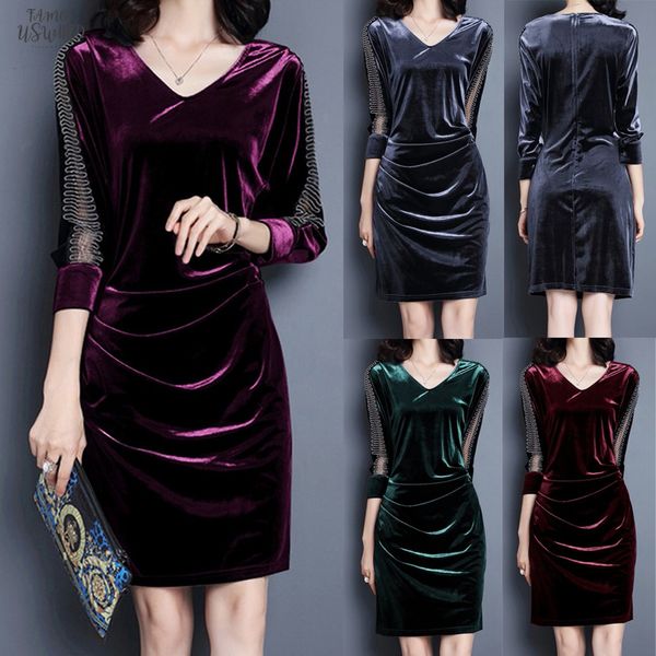 

elegant dress winter dress women autumn velvet splicing knee length half sleeve dress ropa mujer vestidos sukienki robe femme, Black;gray