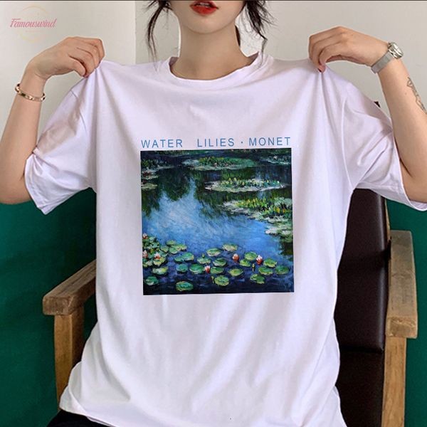 

water lilies funny print shirt female summer fashion large size loose cartoon oil painting harajuku o neck female t shirt, White