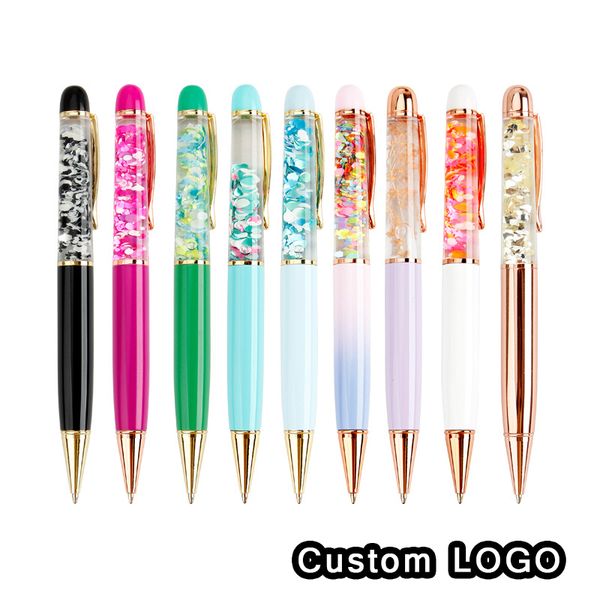 

new creative into the oil metal pen fashion dried flower metal ballpoint pen custom logo birthday wedding gift pens for writing, Blue;orange
