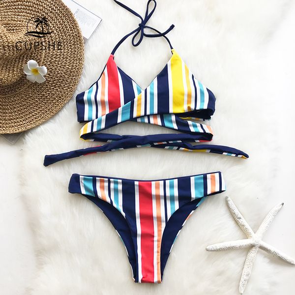 

cupshe reversible colorful days stripe bikini sets women criss cross two pieces halter swimwear 2018 girl beach swimsuits