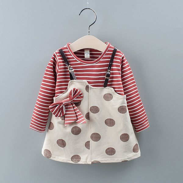 

2019 осень childrenswear новый стиль девушки платье stripes spell горошек mock two-piece симпатичные лук с длинным рукавом рубашки детские, Red;yellow