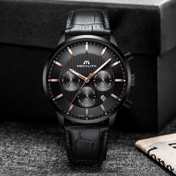 

genuine leather watch men waterproof chronograph megalith wrist watch male business quartz men's clock montre homme, Slivery;brown