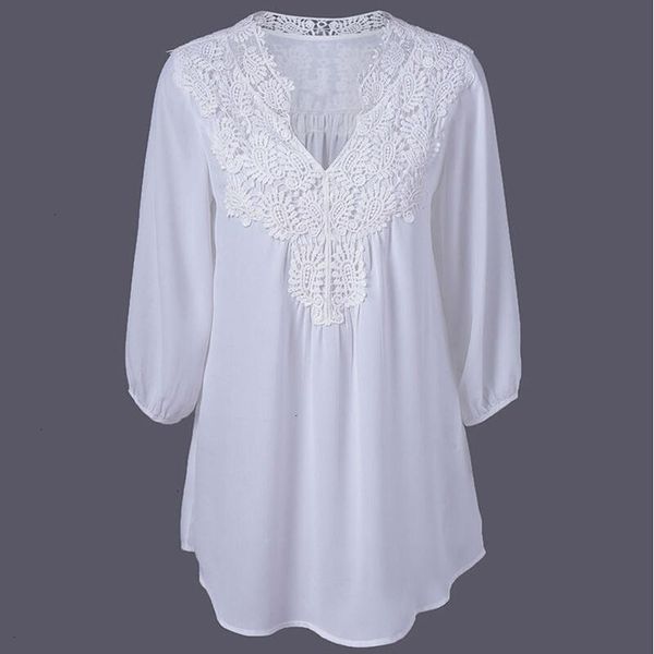

womens summer blouse new 2019 spring summer women blouses lace chiffon hollow v neck shirts plus size loose shirts women, White