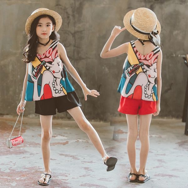 

girl clothes summer 2019 new baby girls clothes set cotton girl clothing suit children printed vest + short pants sets, White