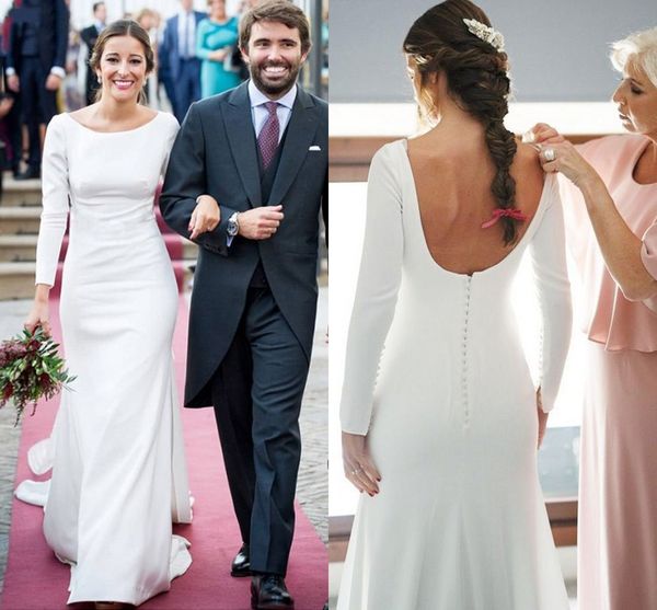 

white sheath wedding dresses long sleeve simple satin wedding gowns scoop neck backless brides dress robes de mariee custom made al3717