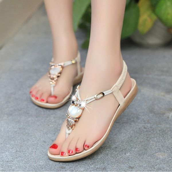 

women bohemian sandal flip flops flats owl casual shoes gladiator rhinestone sandals student comfortable flats, Black