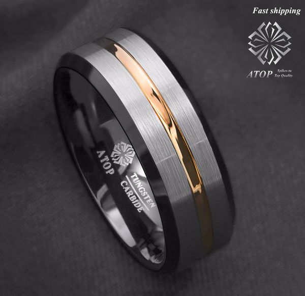 

a8mm men's wedding band silver brushed black edge tungsten ring gold inlay ing, Golden;silver
