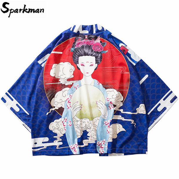 

2019 японский кимоно куртка moon geisha отпечатано hip hop пуловеры streetwear summer thin harajuku одежда япония стиль кимоно, Black;brown
