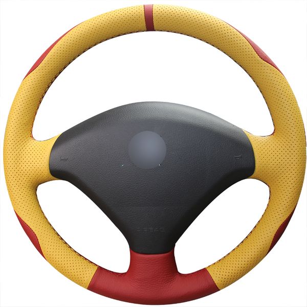 

red yellow genuine leather diy hand sewing car steering wheel cover for peugeot 307