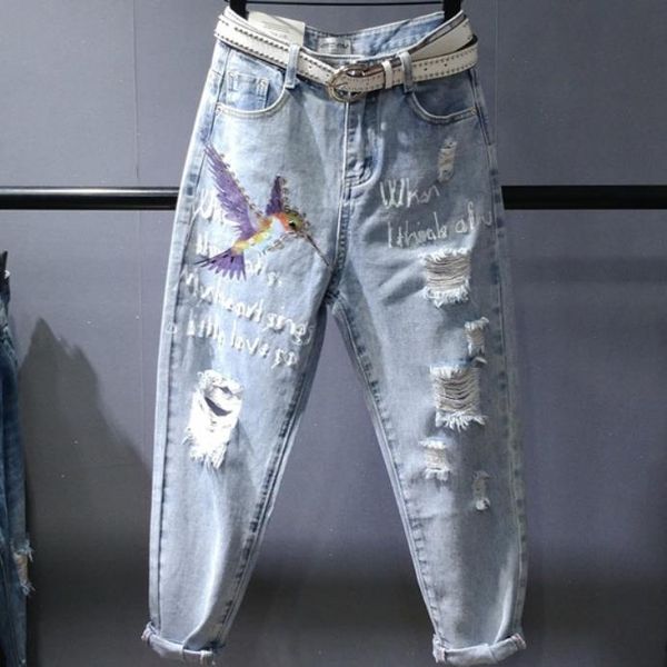 

hole jeans women 2019 summer new fashion high waist ankle length printed harem pants plus size, Blue