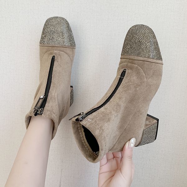 

hkxn boots autumn women flock suede boots rhinestone booties 2020 ladies chunky high heels boot womens shoes t02, Black