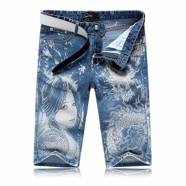 

kiovno summer men fashion printed jeans shorts hip hop pattern casual denim shorts for male washed size 28-38, Blue