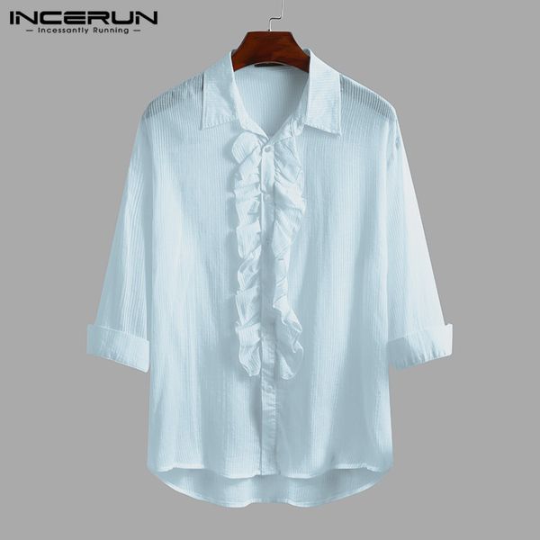 

men's casual shirts incerun fashion men dress shirt 3/4 sleeve lapel button 2021 cotton elegant wedding party stage brand solid color c, White;black