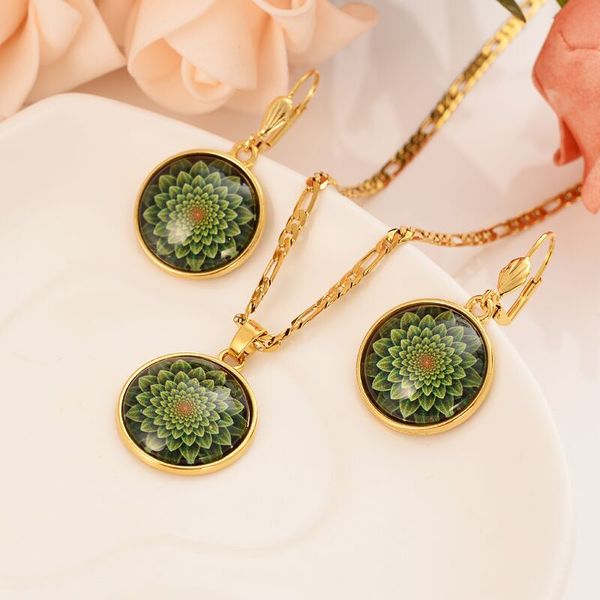 Neue Party-Sets Dubai 18 K Solid Fine Yellow Gold GF Anhänger Italian Link Ohrringe Damen Green Flower Perspective Papua