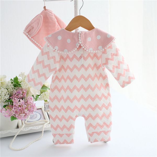 Recém -nascido Autumn Winter Listra grossa Romper bebê garotas rosa Algodão quente Rompers de crianças chapéu de bebê roupas infantil macacão coverall