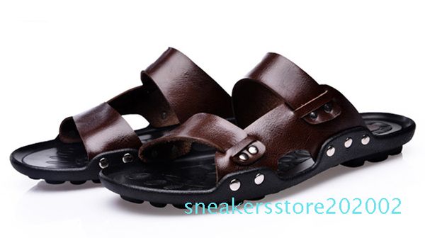 

wholesale-men genuine leather flip flops chinelo masculino fashion mens slippers summer outdoor beach shoes casual men sandals s22, Black