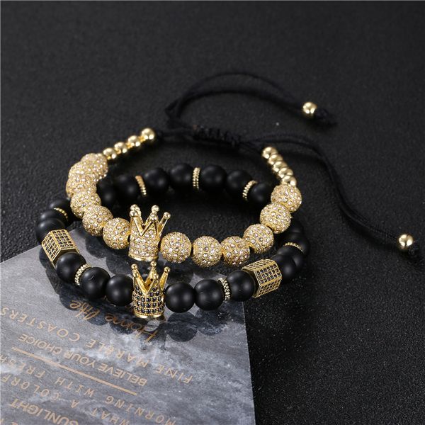 

2pcs/set natural black matte stone bead male bracelet micro cz crown ball charm braiding macrame bracelet for hip hop men female, Golden;silver