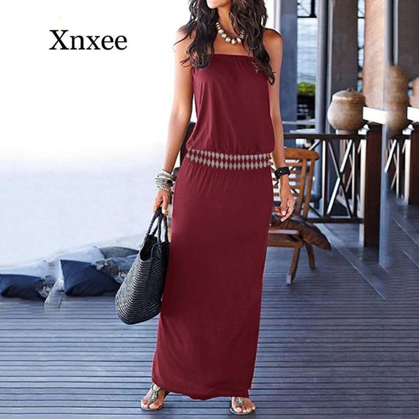 

beach boho dress solid women holiday off shoulder sleeveless beach print summer maxi dress slim ankle length black blue, Black;gray
