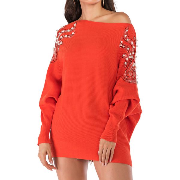 

fashion women o-neck long sweater long batwing sleeve nail beading loose knitted pullover women casual oversized sweater, White;black