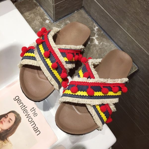 

2019 new women slippers bohemia korean version summer cross-word slippers thick bottom tassels pom-pon pom yellow d3-32, Black