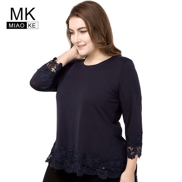 

miaoke 2018 plus size t-shirt and sweater women clothes fashion cropped sleeves round neck stitching lace 4xl 5xl 6xl, White