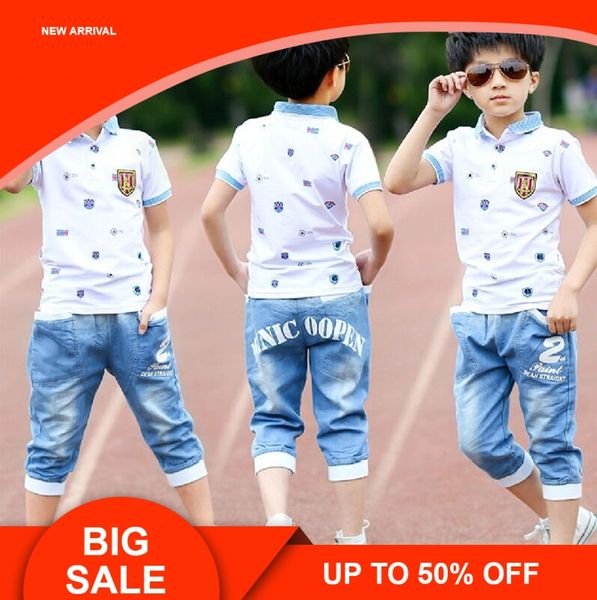 

summer boys clothes sport suit set fashion casual short sleeve o-neck children's clothing set 2 pieces t-shirt + jeans, White