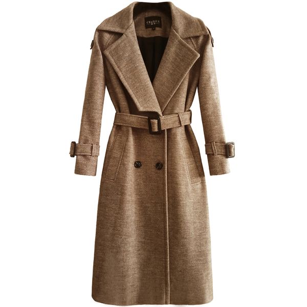

chaojue 2019 autumn/winter women's camel herringbone woolen coat england fashion back buttons overcoat female gray wool coats, Black