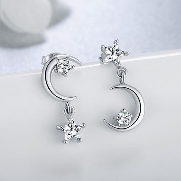 

korean style asymmetric star moon stud earrings plated silver color hypoallergenic micro-inlay zircon jewelry women's earrings