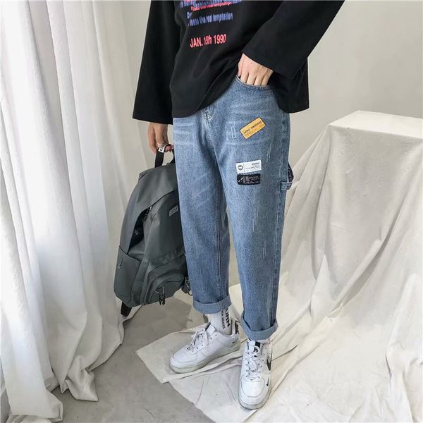 

men's jeans denim 2021 teenagers casual trousers hong kong style trend korean wild loose straight wide leg pants, Blue