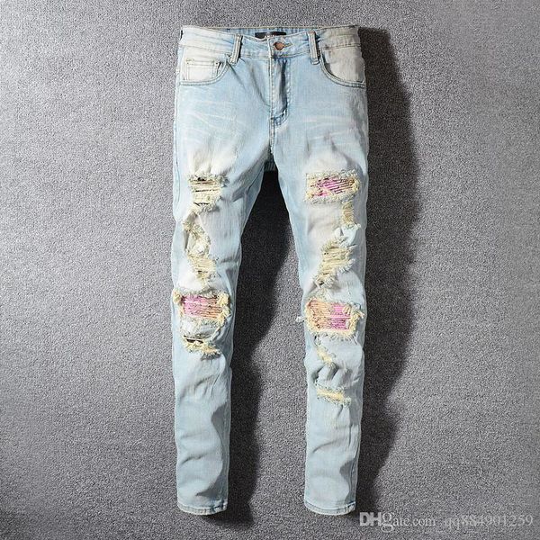 

wholesale classic miri hip hop pants jeans designer pants mens slim straight biker skinny loophole jeans men women ripped jeans, Blue