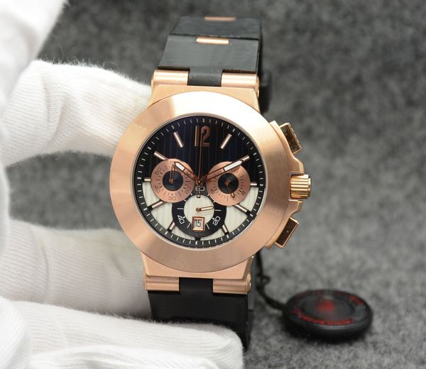 

outdoor casual man watch 42mm quartz chronograph mens watches pink gold case black dial with rubber band with gold stainless steel links, Slivery;brown