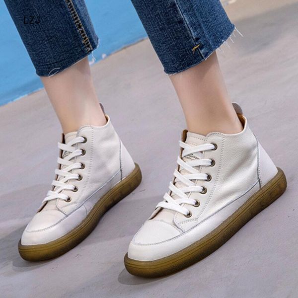 

lzj 2019 new women's boots genuine leather lace up ladies moccasins short boots ankle for women footwear flats shoes 35-43, Black