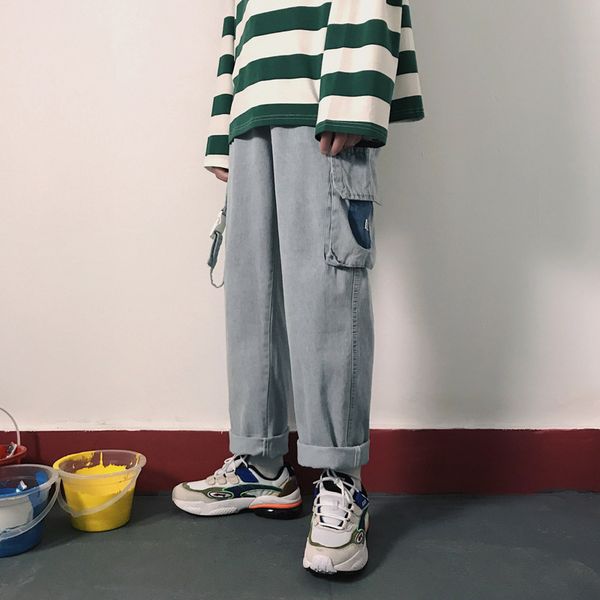 

autumn new jeans men fashion washed solid color casual multi-pocket denim trousers man streetwear wild hip-hop tooling jeans, Blue