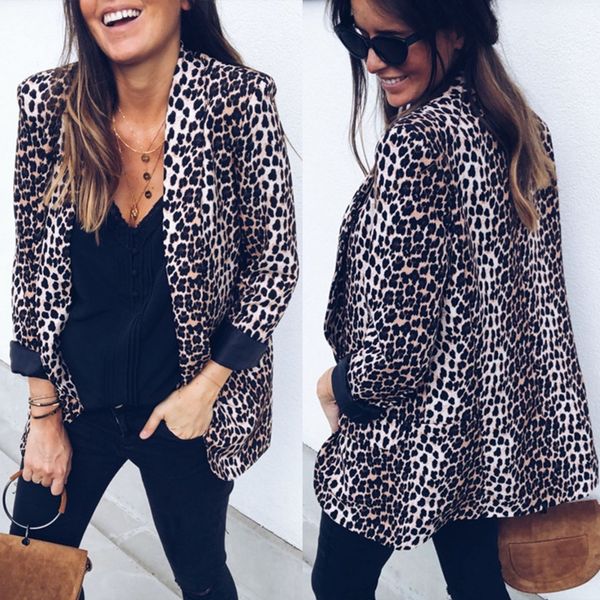 

women slim suit no button casual leopard jacket coat outwear long sleeve, Black;brown