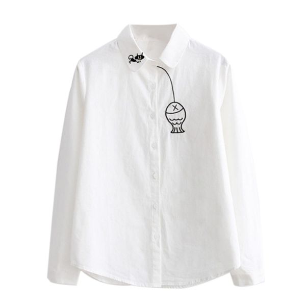 

casual women blusas fashion fish embroidery long sleeve women blouses striped shirt, White