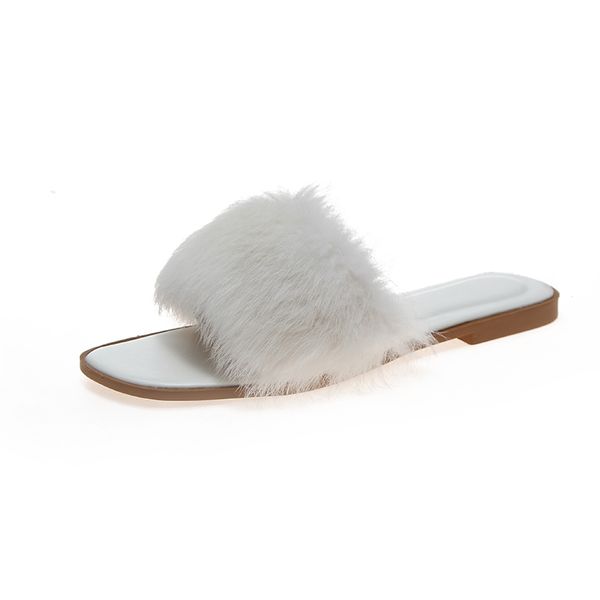 

2020 fuzzy slippers women furry sliders sandal plush furry summer flats sweet ladies shoes size, Black