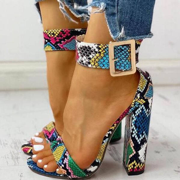 

ms autumn/winter new women's snake pattern graffiti roman sandals thick with color leather word with high heel sandals, Black