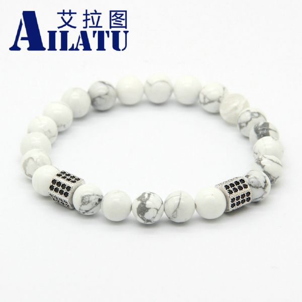

ailatu 8mm natural white howlite marble stone beads with rectangle micro paved black zircon cz beads bracelet, Golden;silver